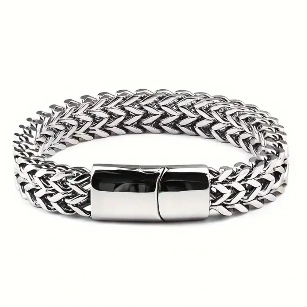 Men’s Double Layer Silver Stainless Steel Bracelet!